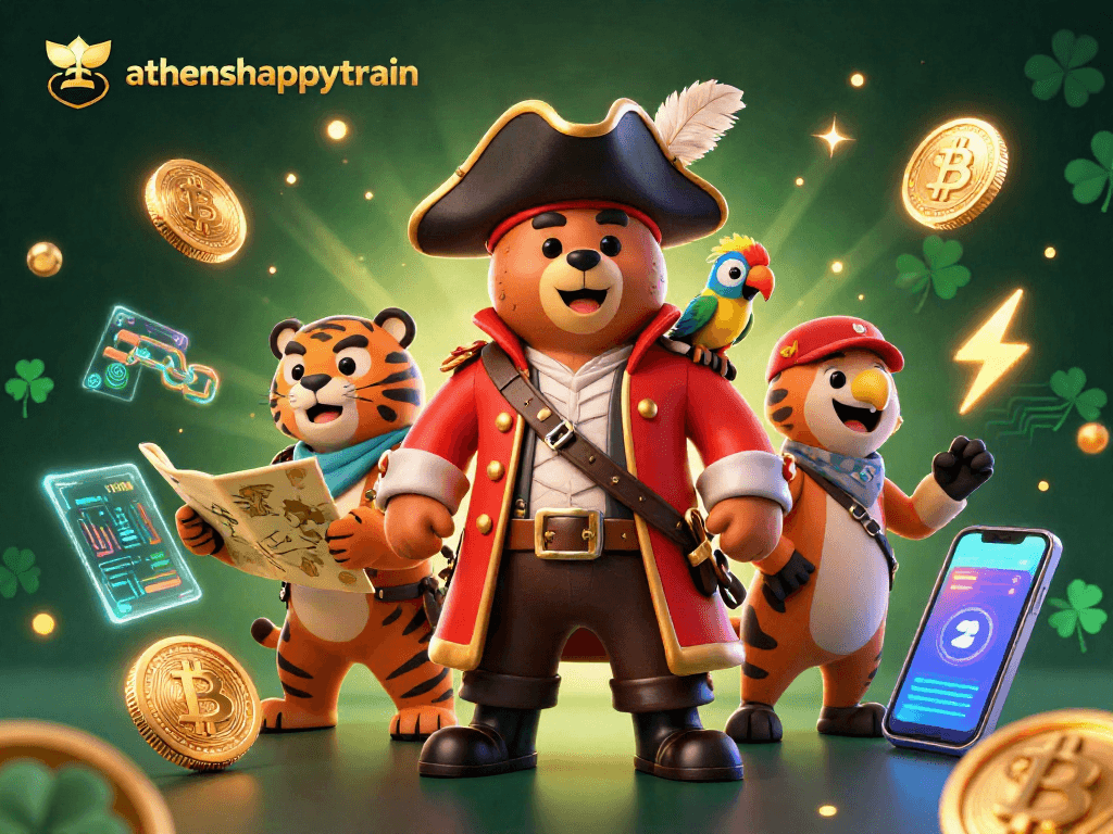 Join the adventure with athenshappytrain in this vibrant 3D pirate-themed crypto casino scene.