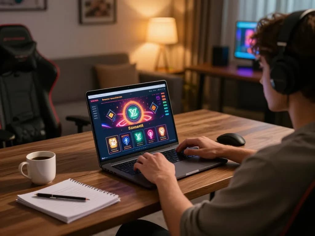 Player engaging with the LV88 casino platform on a laptop in a cozy home setting, showcasing online gambling.