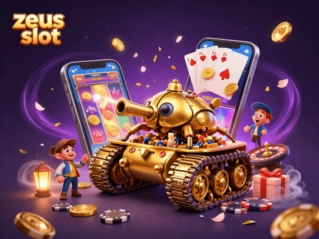 Play exciting zeus slot with golden coins and vibrant casino elements in an engaging 3D scene.