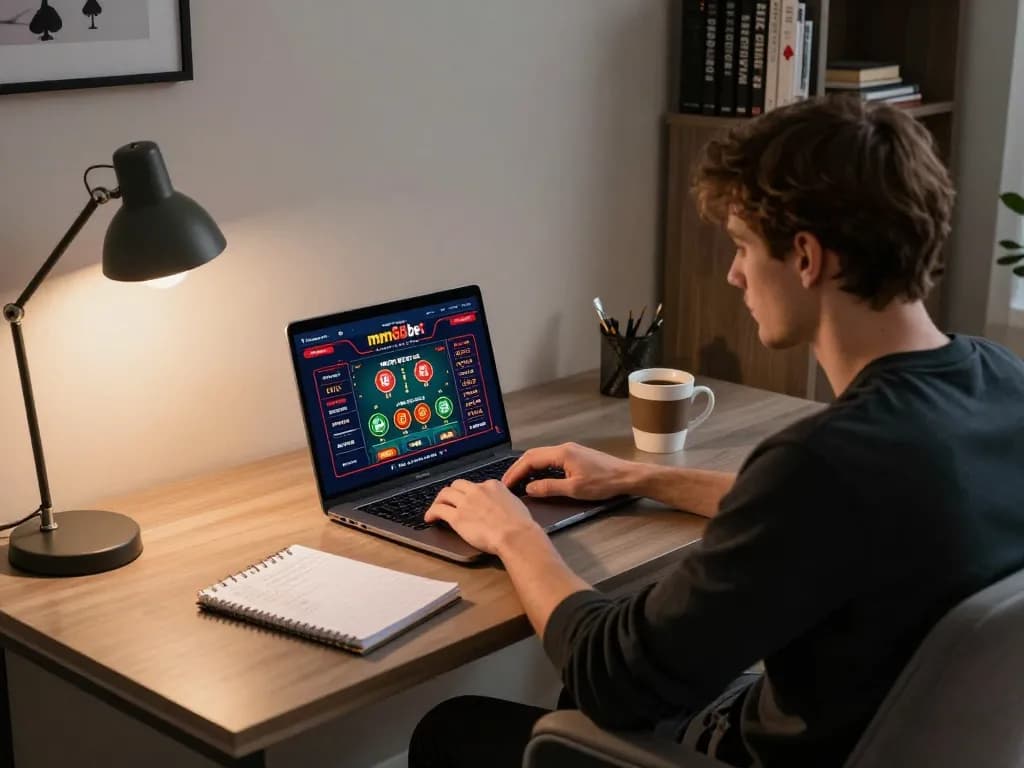Person playing mm88bet online casino game on laptop, focused on strategy and responsible gambling.