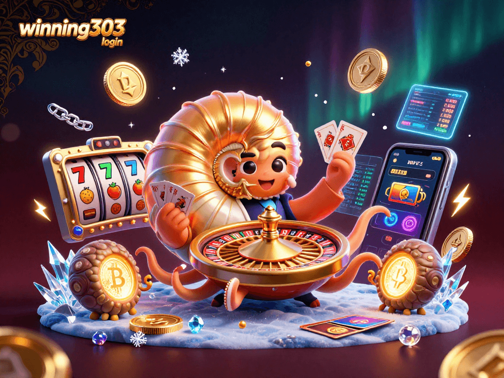 Experience the excitement of winning303 login with a colorful 3D casino scene full of crypto elements and characters.