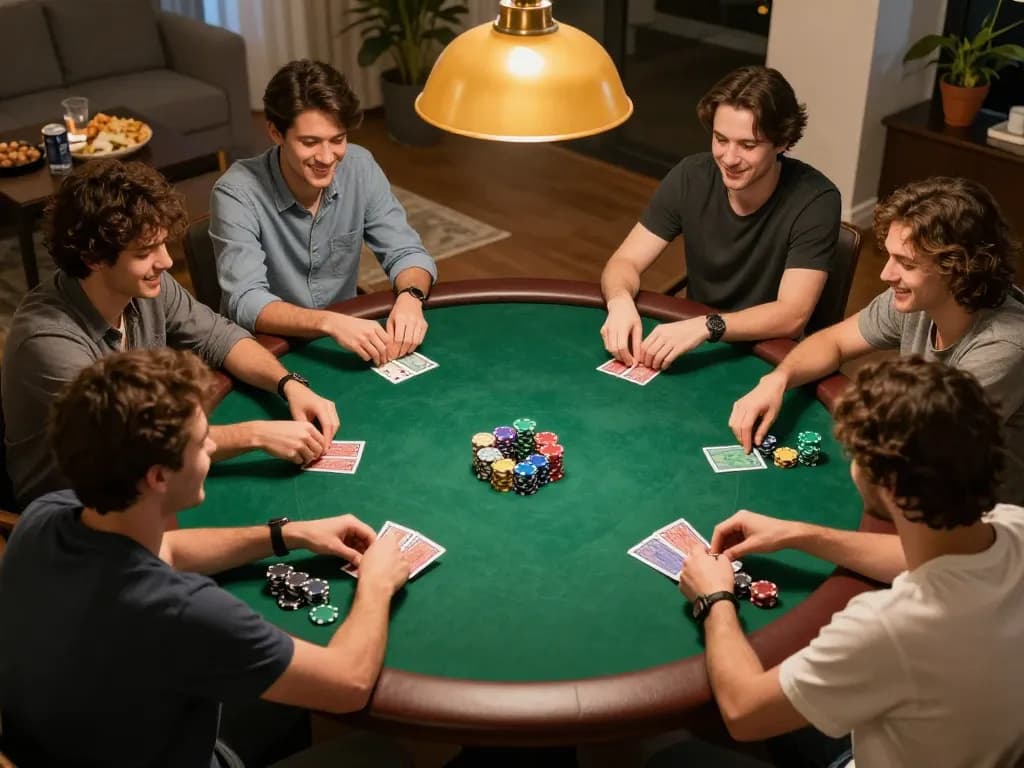 Players enjoying a fun poker night while using 11-hd for online streaming, surrounded by snacks and drinks.