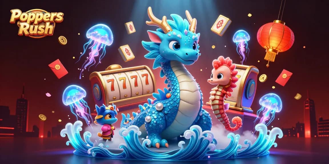 Poppers Rush intensifies the casino experience with a vibrant and dynamic 3D scene featuring dragons, seahorse knight, and casino elements.