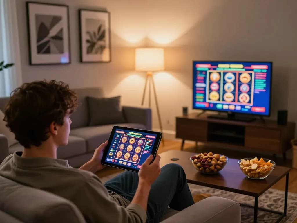 Player enjoying online slot games on RR88 in a cozy living room, illustrating responsible gaming.