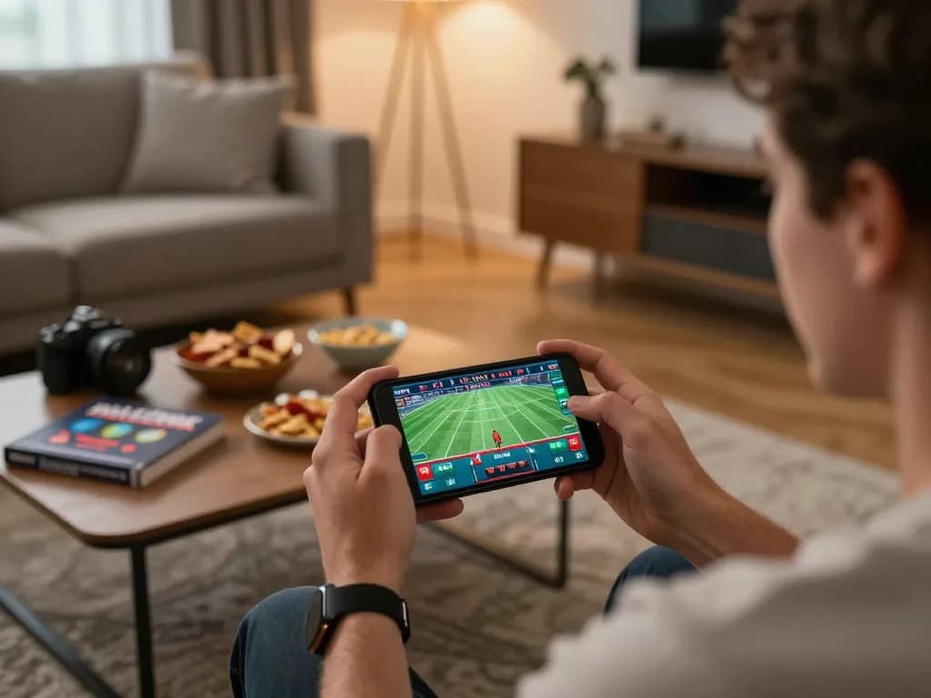Engaging in sports betting at home on smartphone with nhà cái o8 on screen, cozy living room setting