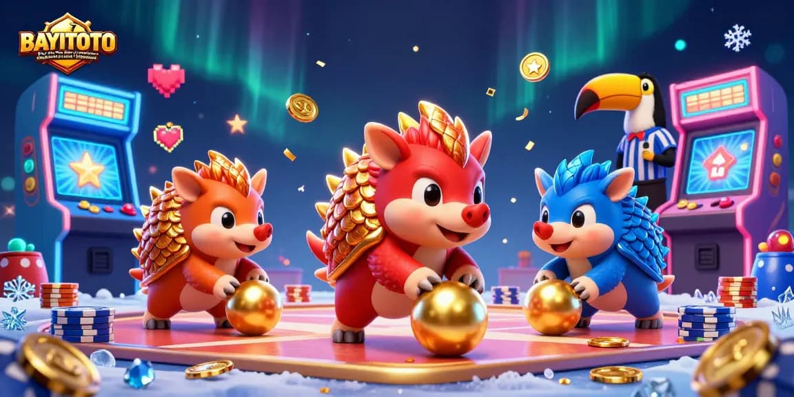 BAYITOTO Situs Toto Togel Terpopuler dengan Layanan Terpercaya showcases a dynamic game scene with armored pangolins rolling through poker chips and gaming elements.