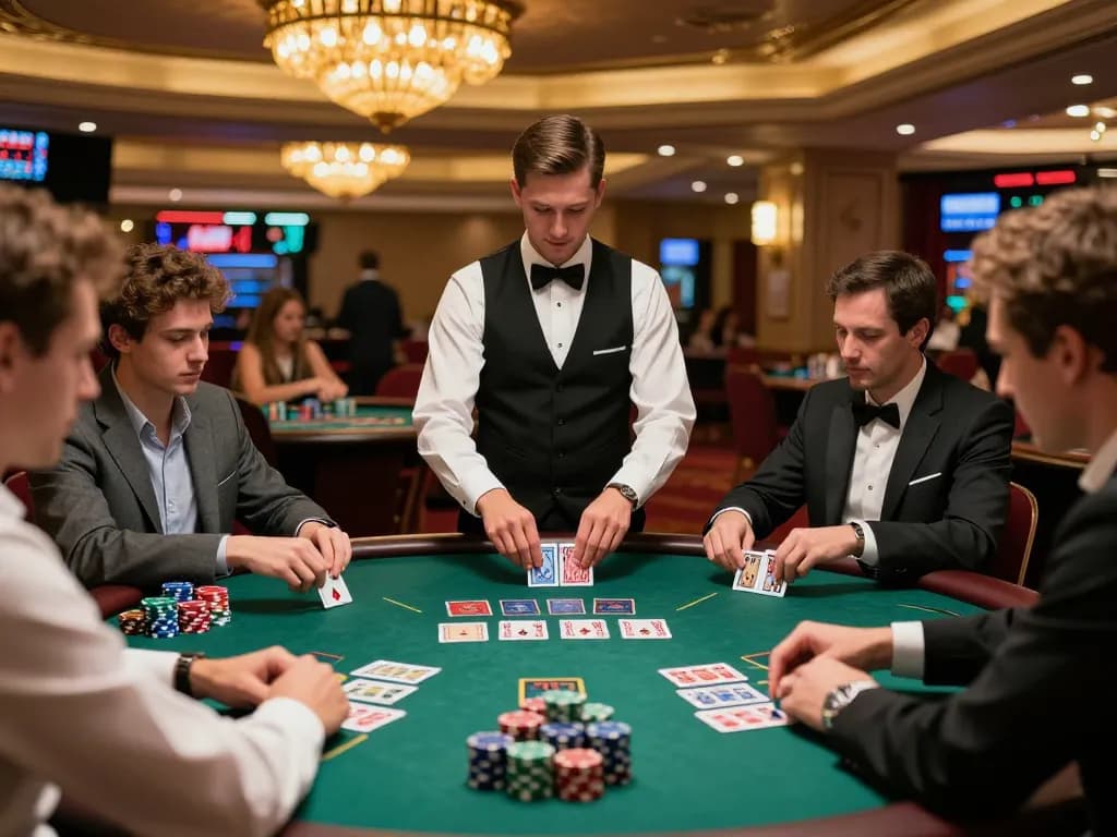 uk88 blackjack players strategizing at an elegant table in a luxurious casino environment