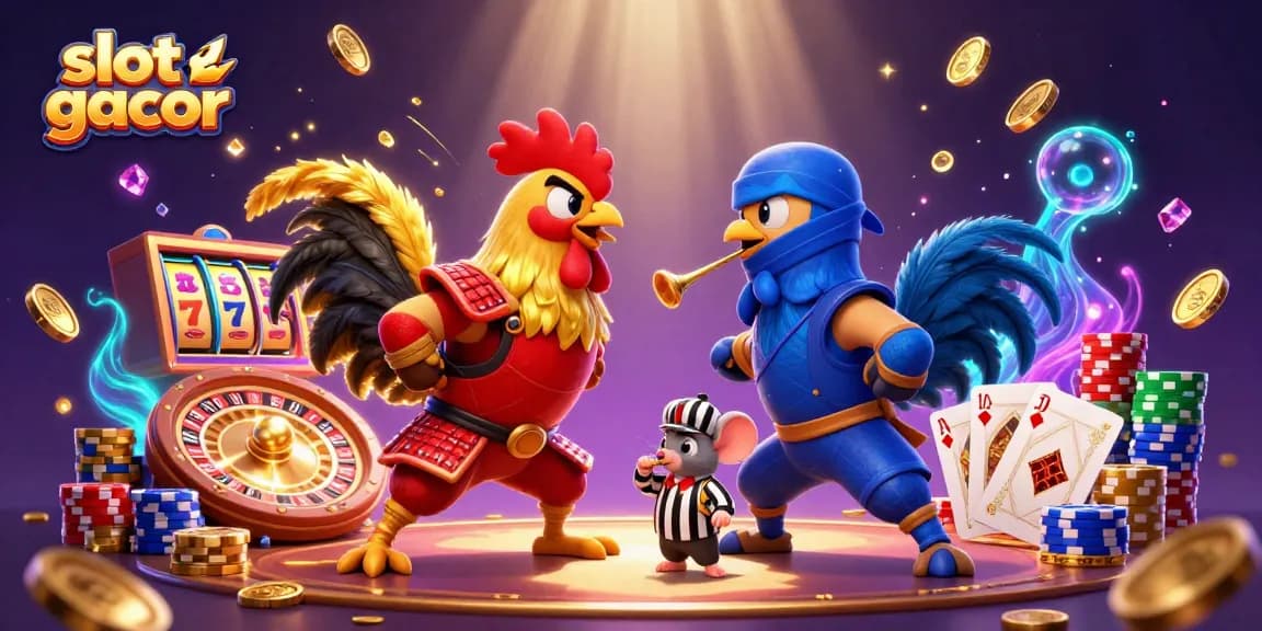 Menghadirkan slot gacor dalam ilustrasi digital 3D dari dua ayam bertarung, satu bersenjatakan samurai dan yang lainnya ninja.
