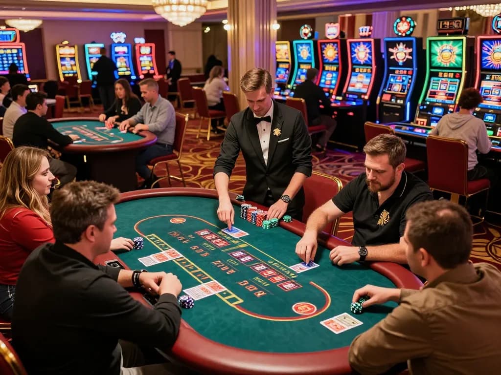 Engaged players on the vibrant casino floor at luck88com, enjoying thrilling gambling games.
