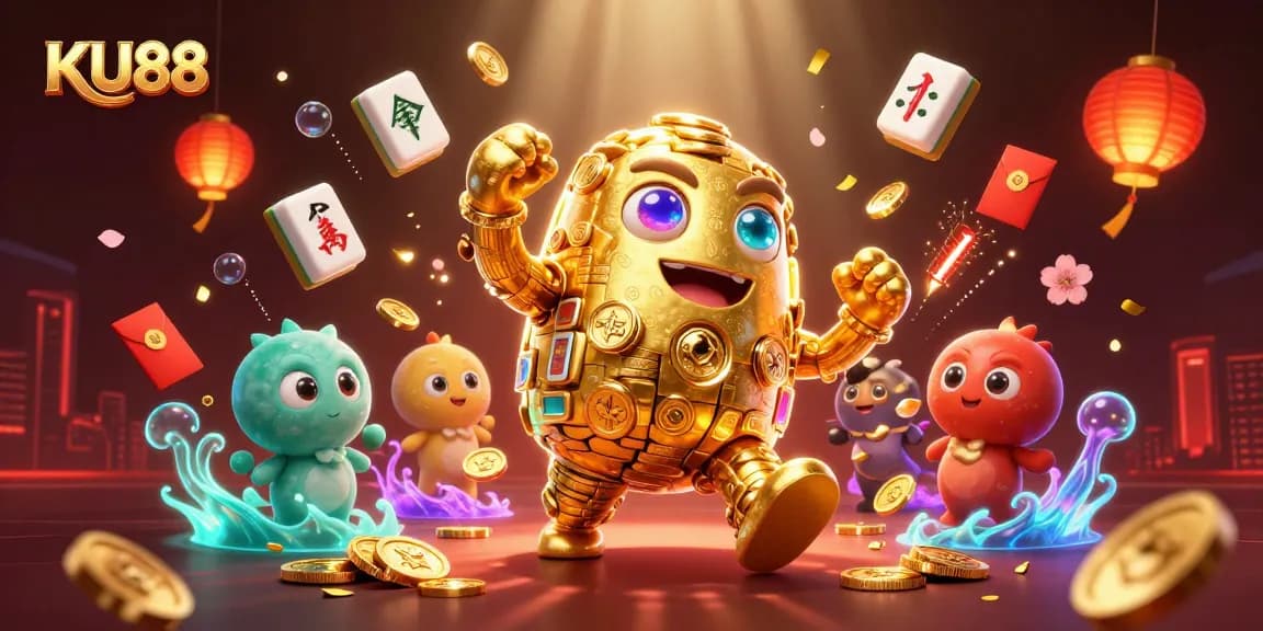 Experience the excitement of KU88 with a dazzling 3D illustration showcasing dynamic gaming elements and vibrant energy.