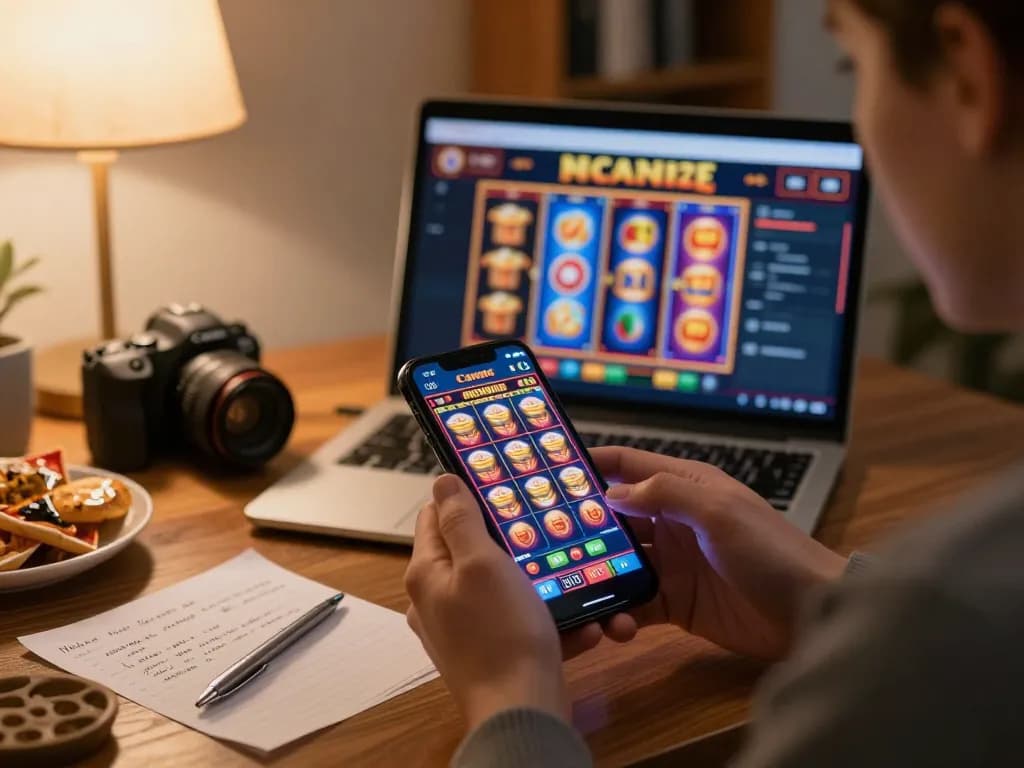 tg88 player enjoying mobile slots in a cozy home setting with snacks and gaming notes.
