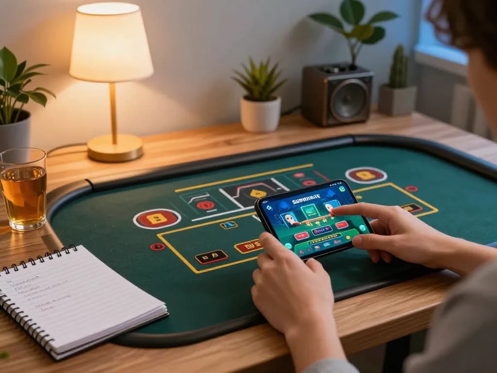 Player enjoying Sunwin mobile app gameplay on a stylish home desk