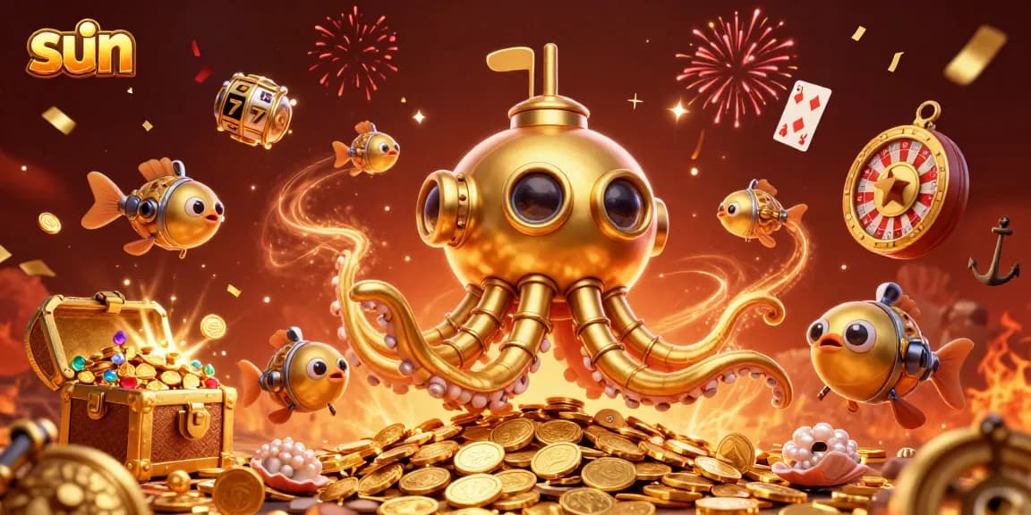 Experience thrilling wins at Sun's dynamic casino with golden kraken submarine amidst vibrant gambling elements.