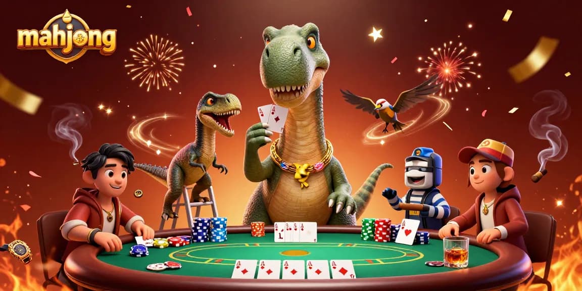 Engage with mahjong strategy at a vibrant casino scene featuring a brontosaurus and poker action.