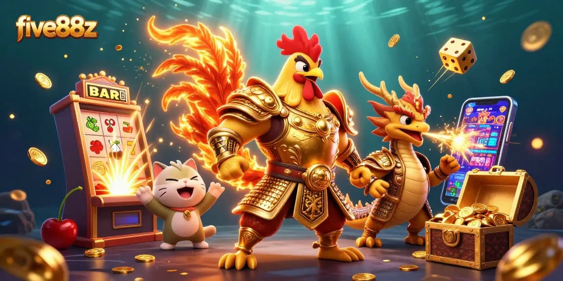 Experience the thrill of five88z with vibrant 3D characters and dynamic casino elements bursting with excitement.