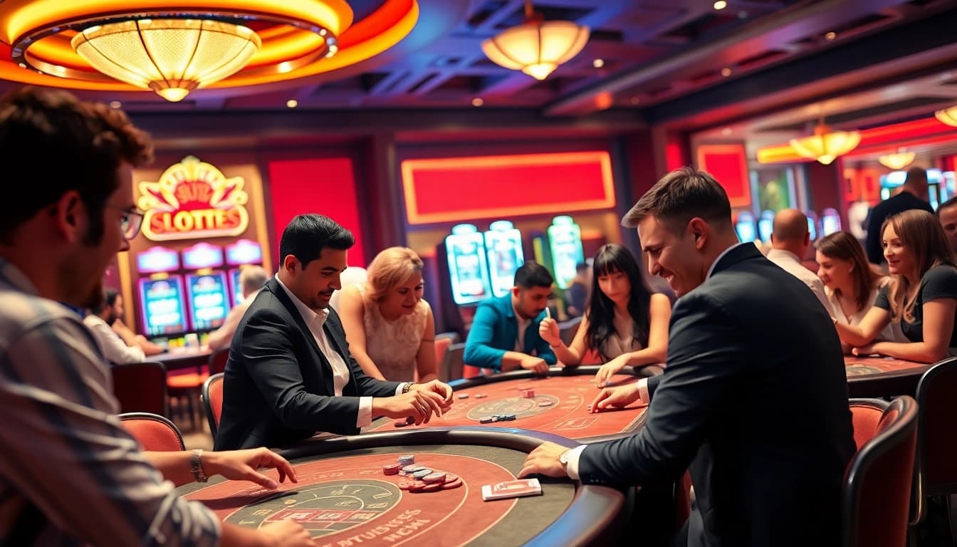 Permainan SLOT365 yang menggembirakan dengan pemain aktif di meja kasino yang mewah.