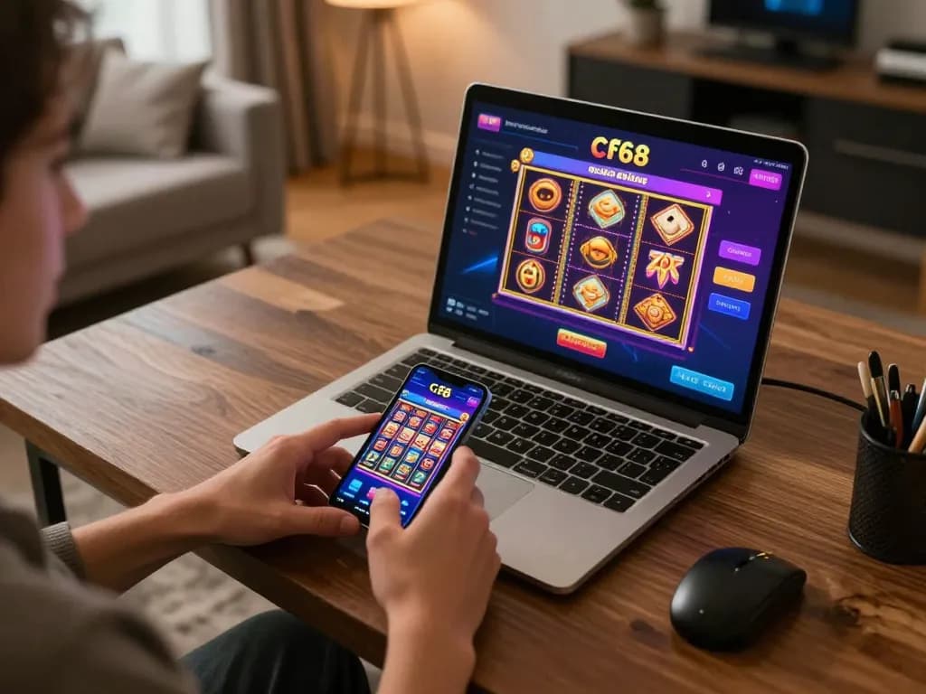 Engaging with the cf68 mobile casino app, showcasing vibrant slot game graphics in a comfortable home setting.