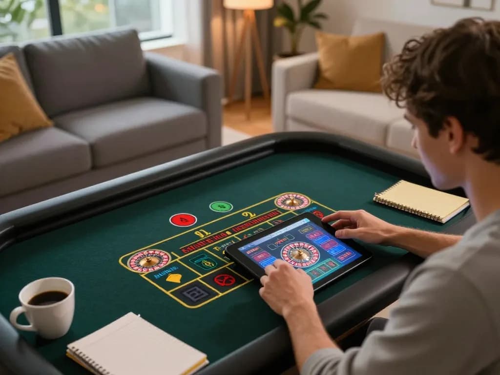 Player enjoying non gamstop live dealer roulette game on tablet in cozy home setting.