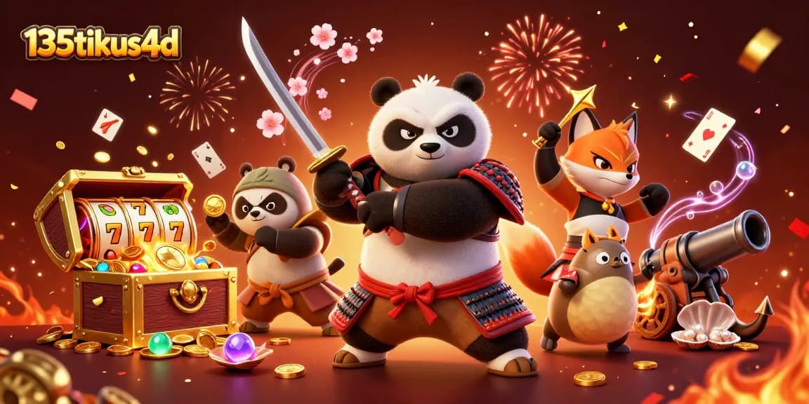 Experience the thrill of winnings with 135tikus4d's dynamic 3D casino scene featuring samurai panda and ninja fox.