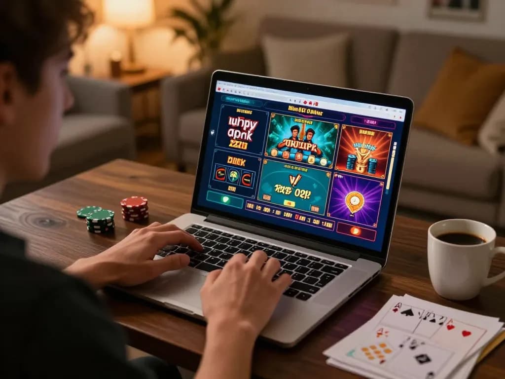 Player enjoying FB88 online casino games from a comfortable home setting, showcasing strategy notes and engaging gameplay.