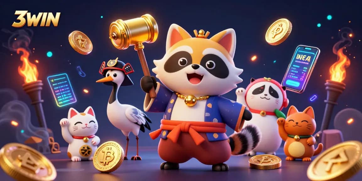 Experience thrilling wins with 3WIN, featuring a joyful raccoon and lucky symbols in an immersive 3D casino scene.