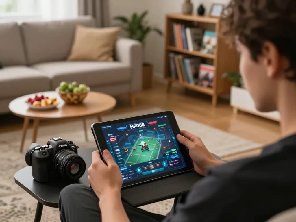 MPO08: Engaging in online gaming at home with tablet, showcasing a cozy and responsible gaming environment.