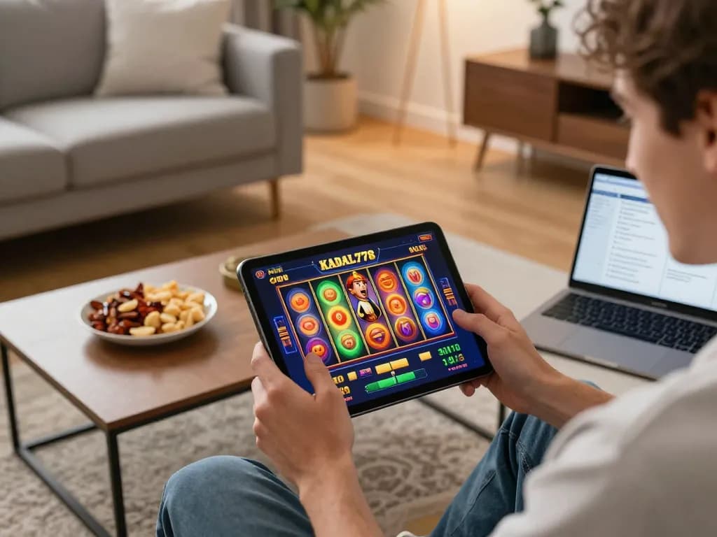 KADAL778 online gaming experience showing player engaging with slot game on tablet in a cozy living room