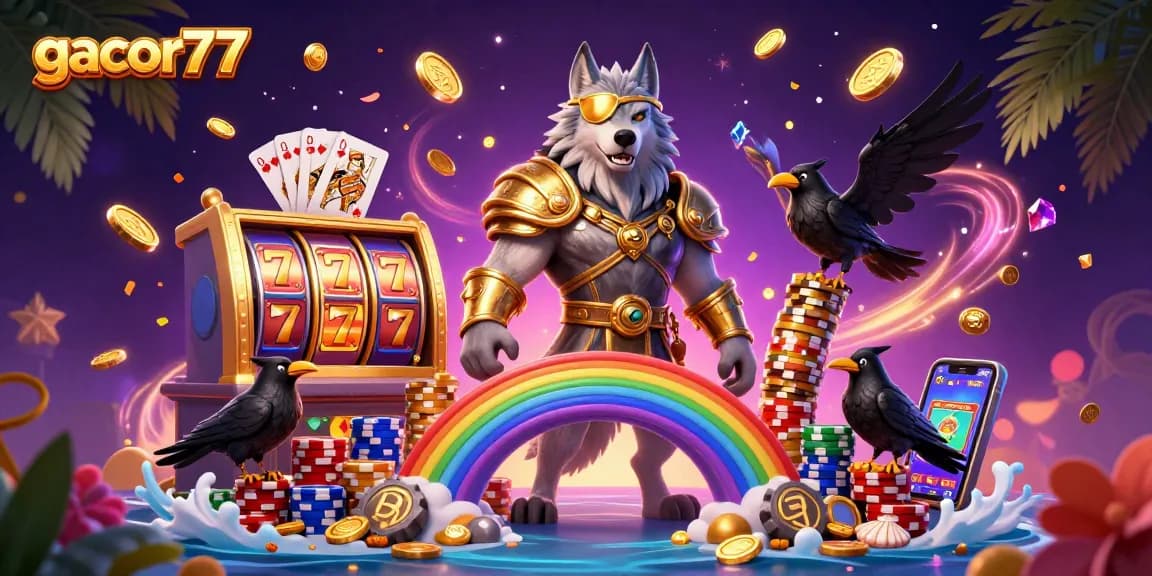 Gacor77 memberikan pengalaman bermain slot yang mengasyikkan dengan simbol keberuntungan di antara koin emas.