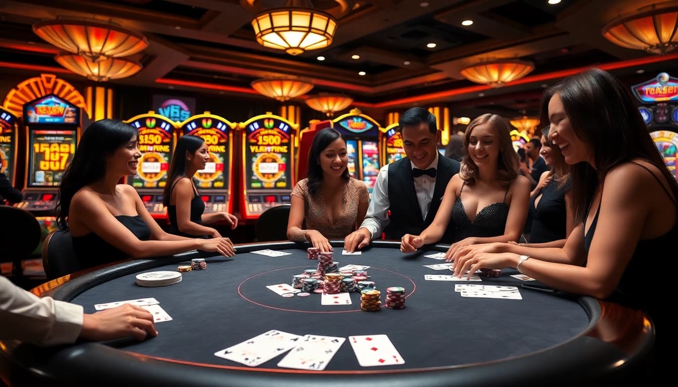 Experience the excitement at KK55 with players engaging in high-stakes poker and vibrant slot machines.