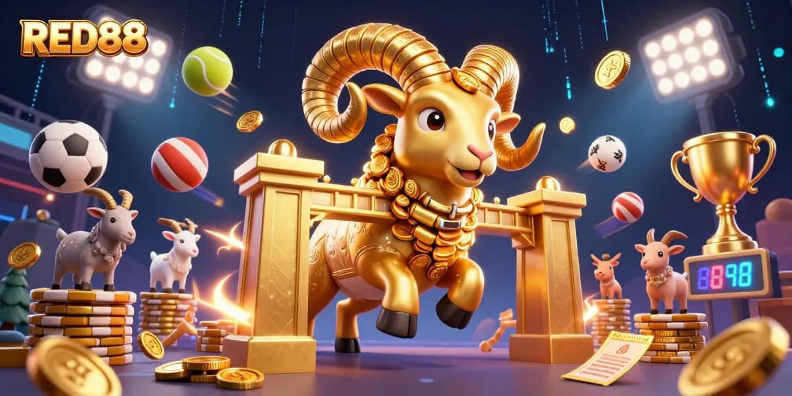 Engage in thrilling action at RED88 with a dynamic casino scene featuring a massive ram and sports elements.