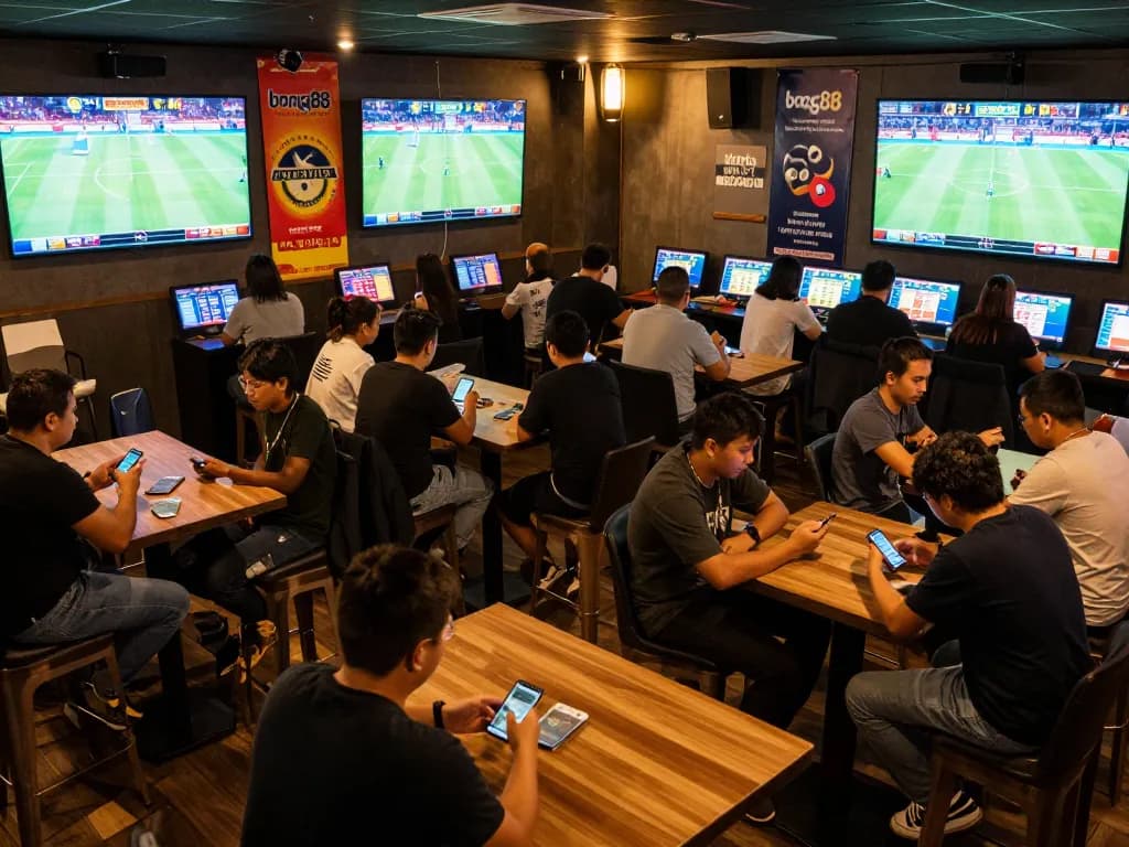 Bong88 sports betting lounge with fans engaged in live events and betting activities.