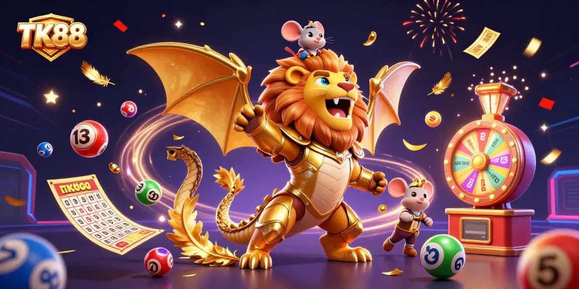 TK88 showcases thrilling lottery action with vibrant balls, golden tickets, and a triumphant chimera creature illustration.