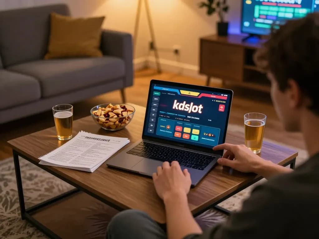 Player enjoying kdslot online gaming experience on laptop in a cozy home setting.
