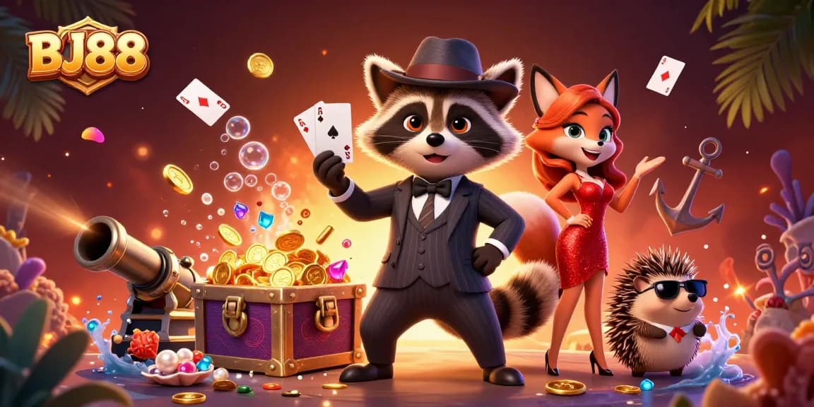 BJ88's thrilling casino atmosphere with raccoon and fox enjoying poker amidst sparkling treasures.