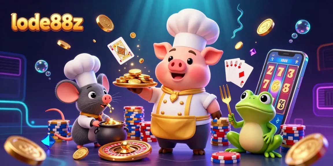 Engage with lode88z through a colorful scene featuring a chef pig, sous-chef mouse, and critic frog among casino elements.
