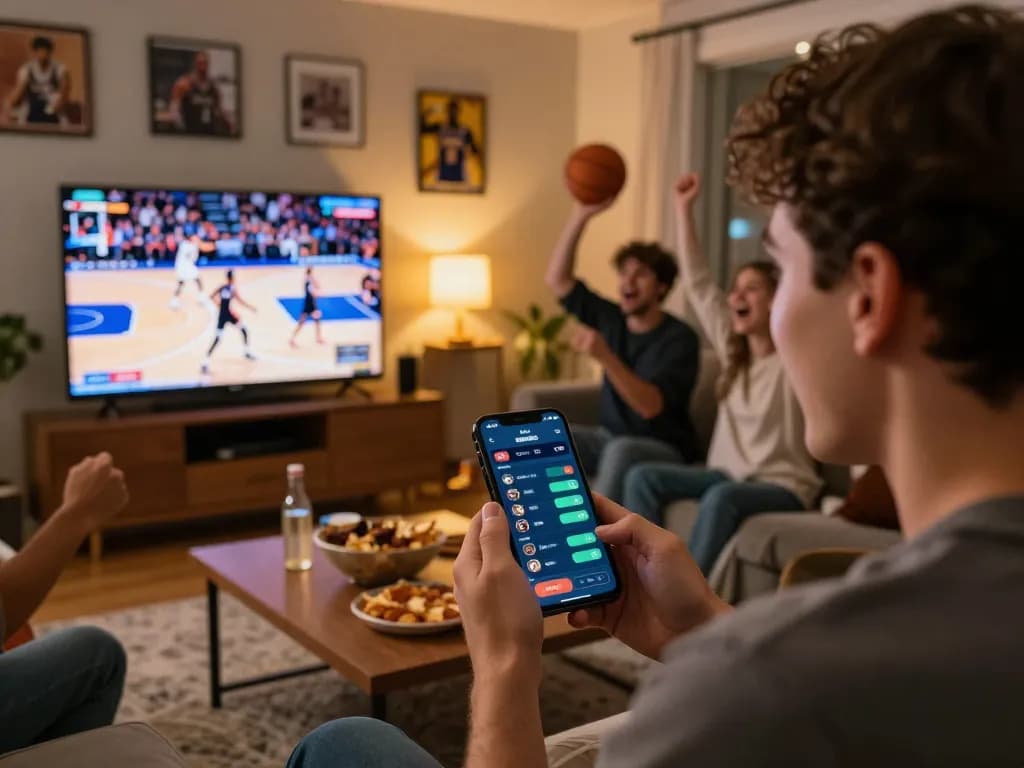 Friends enjoying a basketball game while placing bets using the dash88 app.