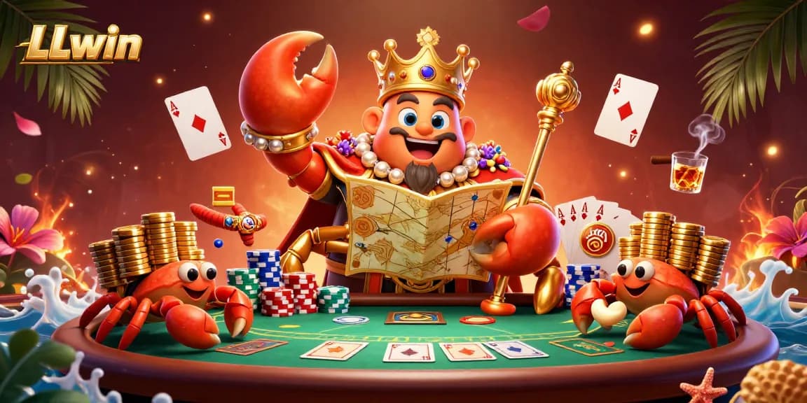 Engage in thrilling gameplay with LLwin, featuring a vibrant casino scene with a golden crab, poker riches, and festive elements.
