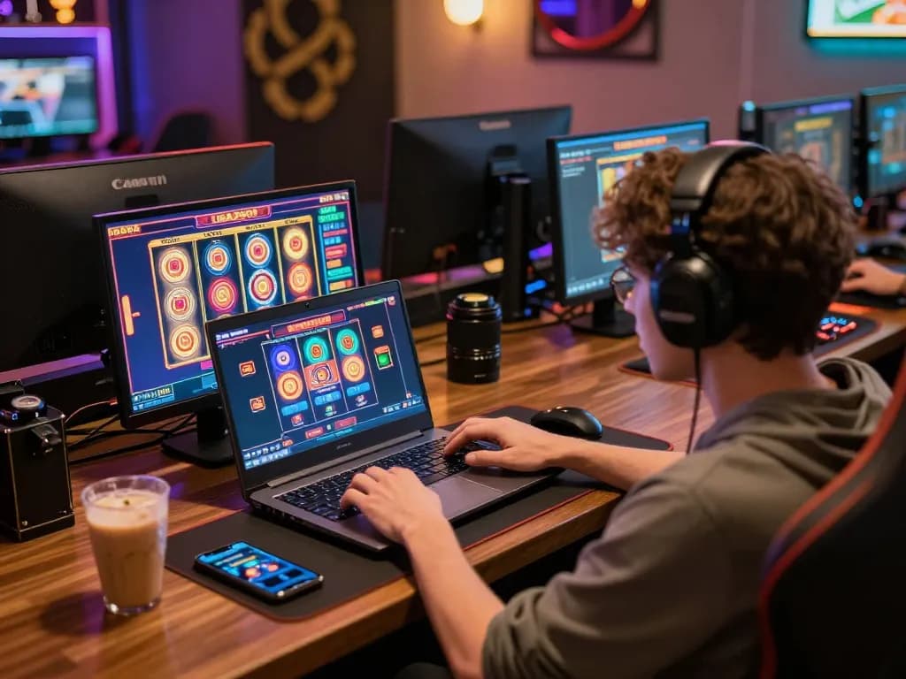 LIGA2000 player enjoying online slots in a cozy gaming setup with vibrant visuals on the laptop.