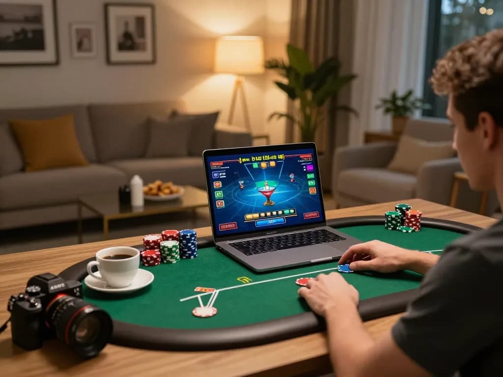 Player engaging in active poker gameplay at home using hitclub platform, showcasing excitement in a cozy environment.