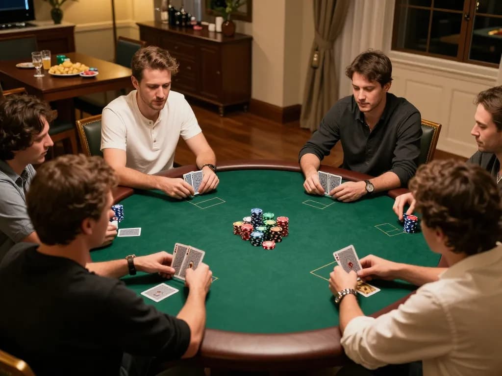 TA88 poker players engaging in high-stakes game at stylish home table with vivid atmosphere.