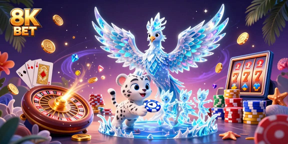 Engage in thrilling action with 8K BET featuring a dynamic 3D scene of a phoenix, leopard cub, and animated ice sprites.