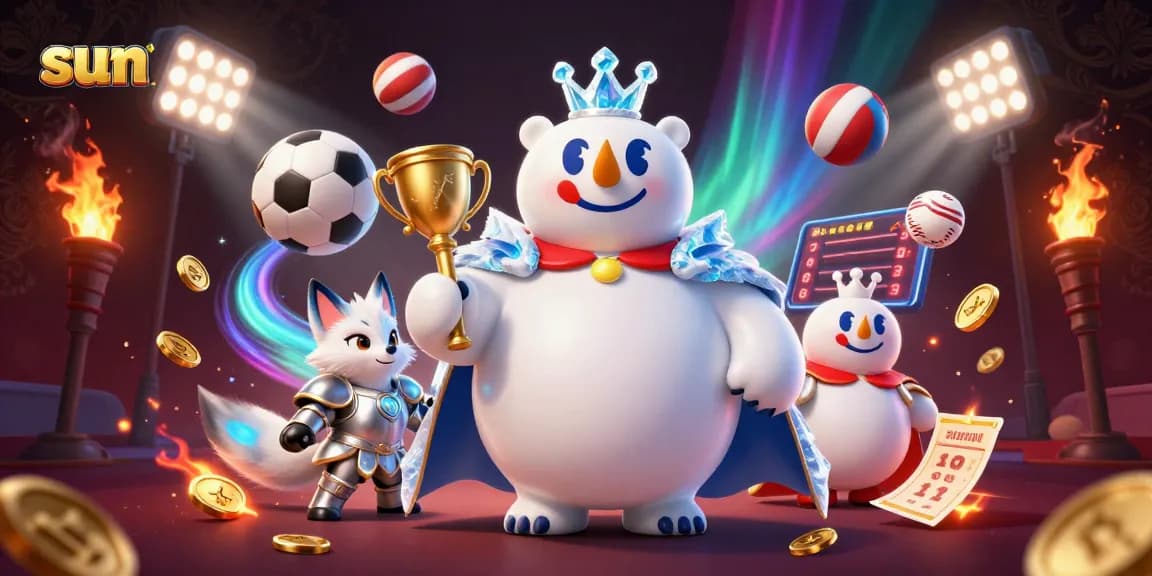Experience thrilling sports betting action with the sun shining on dynamic elements like soccer balls and trophies.
