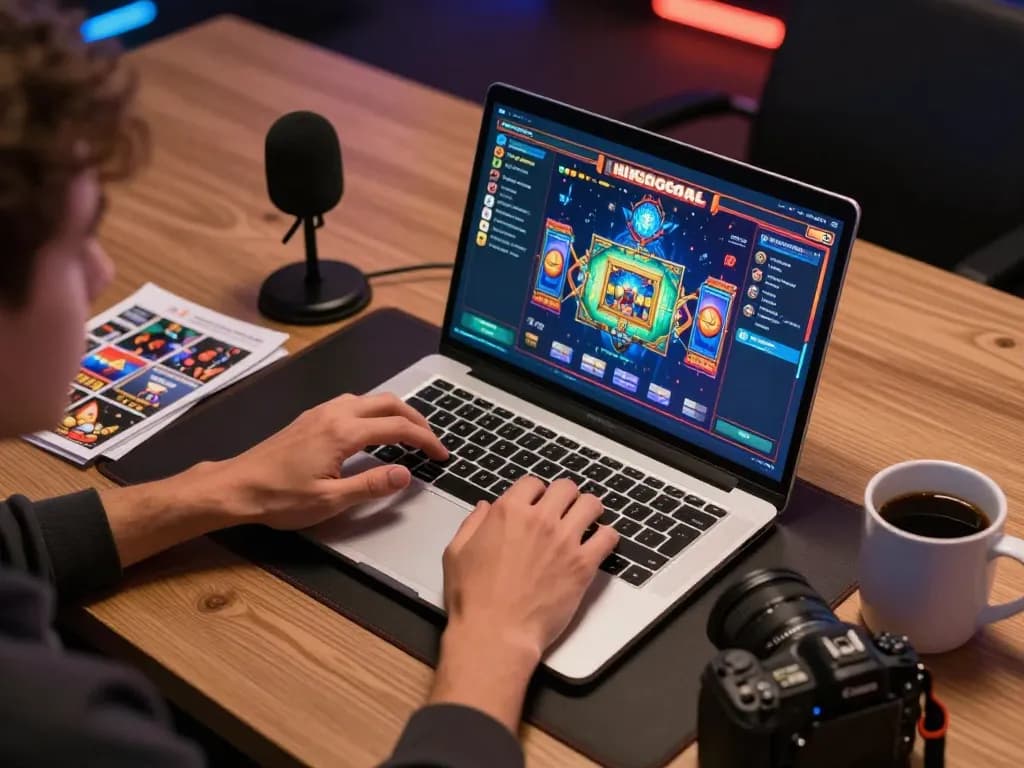 Engage with LGOGOAL slots on a modern gaming setup showcasing strategy notes and vibrant game interface.