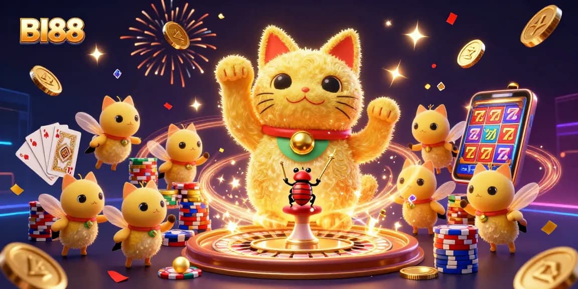 Engage in thrilling BI88 casino games with vibrant golden fireflies, sparkling gems, and festive confetti.