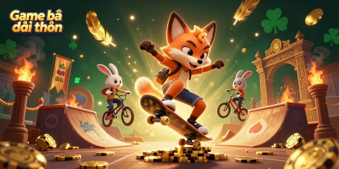 Experience thrilling Game bài đổi thưởng action with a cartoon fox and rabbit in a vibrant casino scene.
