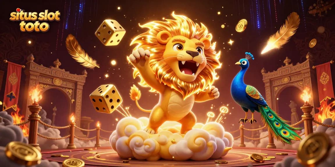 Engage in situs slot toto action amidst vibrant 3D casino elements featuring lucky symbols and gold dice.