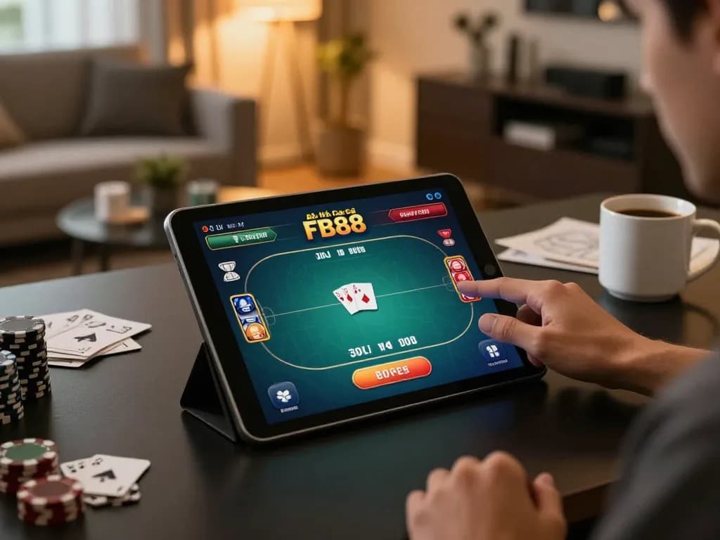 Engaged player enjoying poker on Nhà Cái FB88 tablet in a stylish home environment.