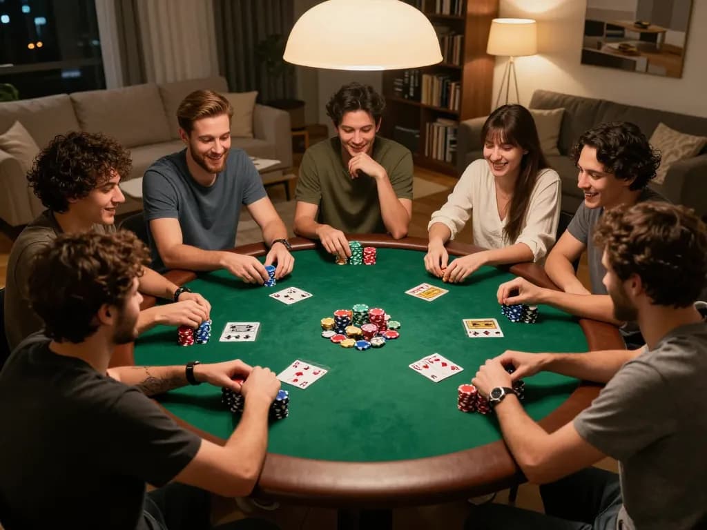 Friends play poker at home, engaging in strategy while considering tỷ lệ nhà cái for bets.
