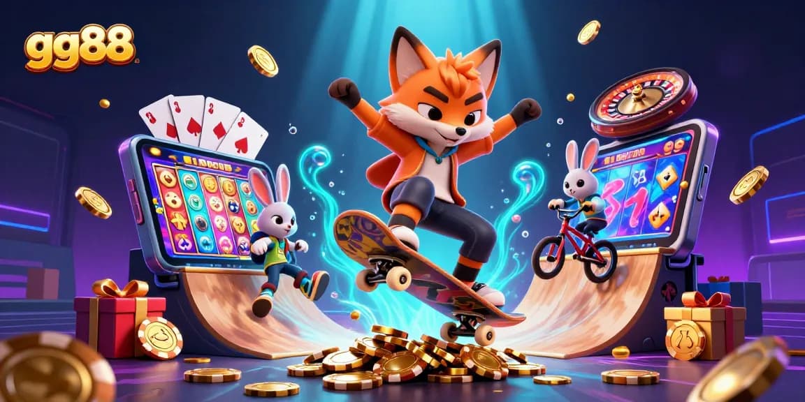 Engage with the exciting gg88 world through a vibrant casino-themed 3D illustration showcasing action and games.