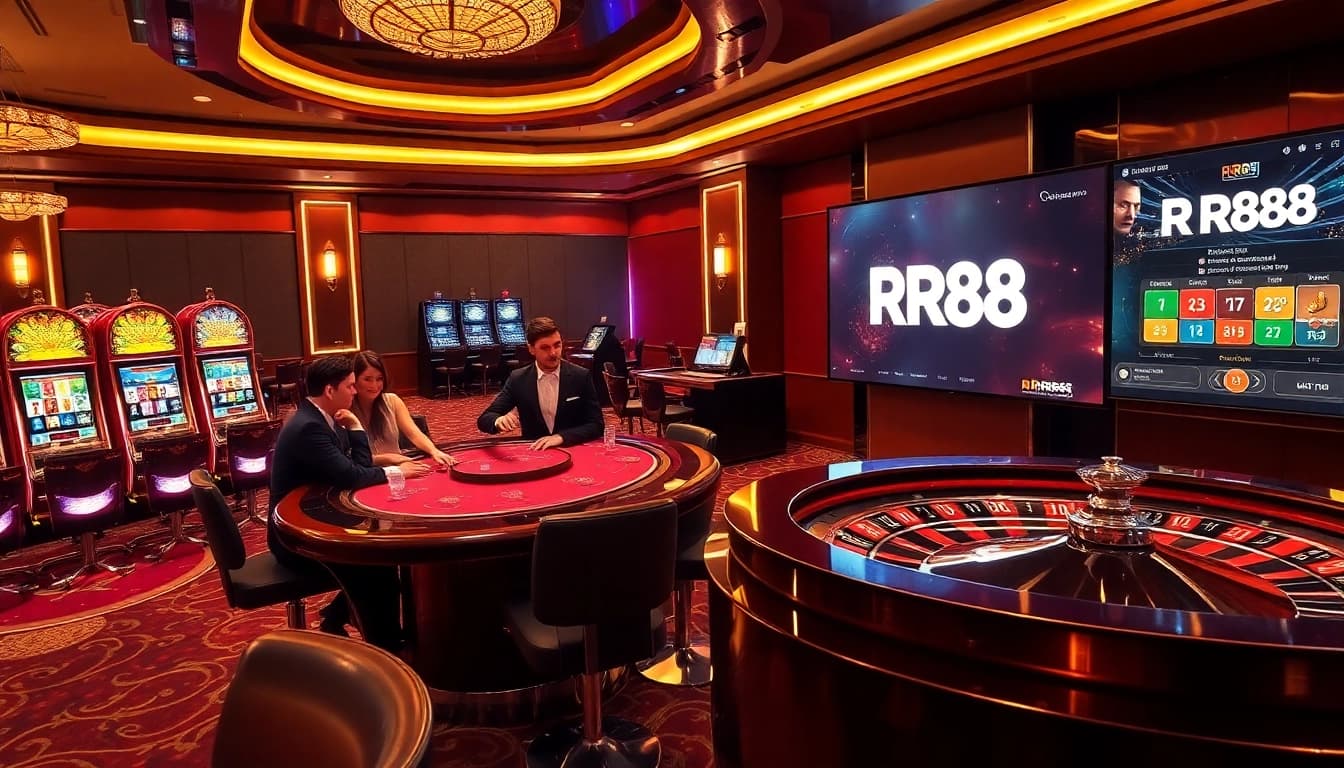 Experience the thrill of Nhà cái RR88 with luxurious casino visuals featuring jackpot slots and roulette action.